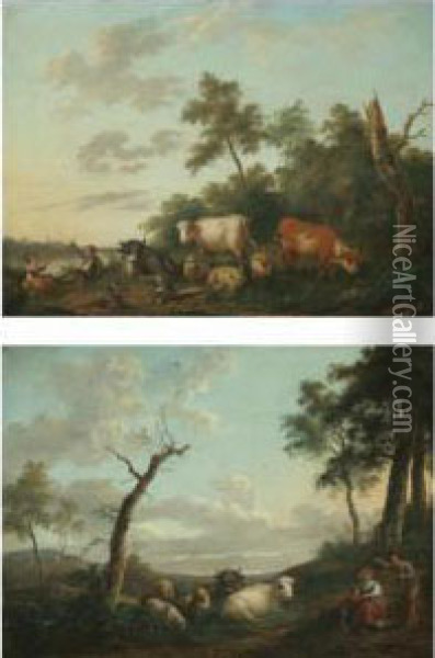A Landscape With Peasants And Their Herd Resting Near Ariver Oil Painting - Franciscus Xaverius Xavery