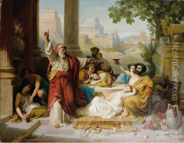 Jeremie Reprochant Aux Juifs Leurs Dereglements [ ; Jeremiah Reproaching The Jews Fot Their Excesses ; Oil On Canvas Signed And Dated 1852] Oil Painting - Dominique Antoine Magaud