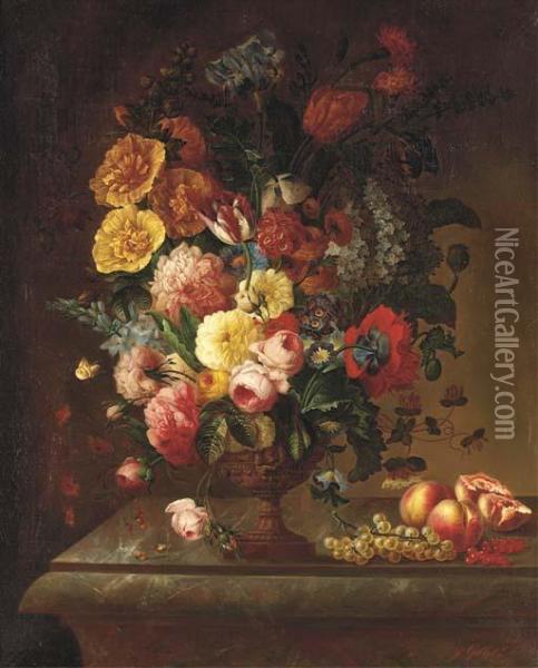 Tulips, Roses, An Iris, Morning Glory, A Hydrangea And Otherflowers In A Classical Urn On A Plinth With Grapes, Redcurrants,peaches And A Pomegranate Oil Painting - Jean-Baptiste Gallet