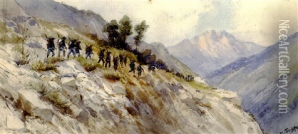 Colonne De Chasseurs Alpins Dans La Montagne Oil Painting - Pierre Comba
