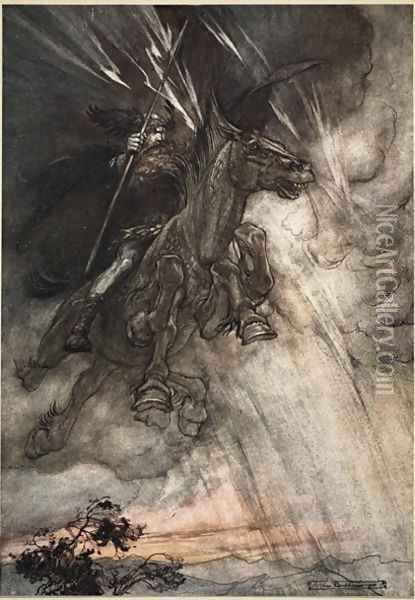 Raging, Wotan Rides to the Rock Like a Storm-wind he comes, frontispiece to The Rhinegold and the Valkyrie, 1910 Oil Painting - Arthur Rackham