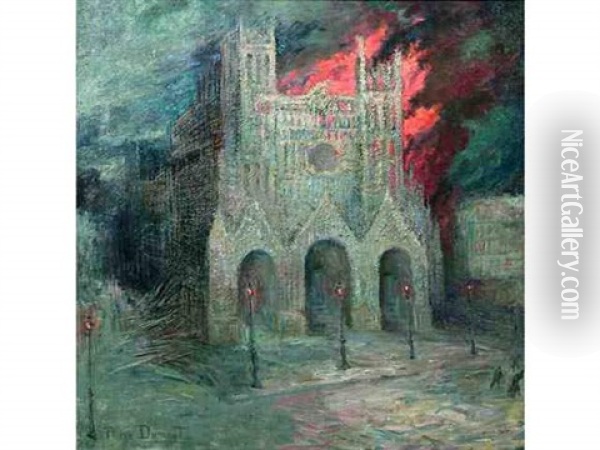 La Cathedrale De Reims En Flamme La Nuit Oil Painting - Pierre Dumont