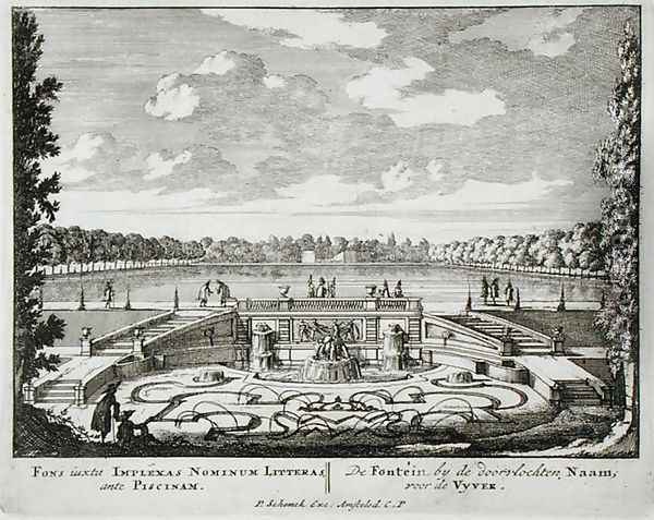 Fountain and water jets in a Dutch formal garden, from Admirandorum Quadruplex Spectaculum, by Jan van Call 1656-1703, published before 1715 Oil Painting - Pieter Schenk