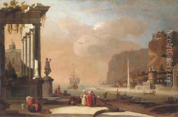 A Mediterranean Harbour With Oriental Merchants Conversing By Aruined Temple Oil Painting - Thomas Wyck