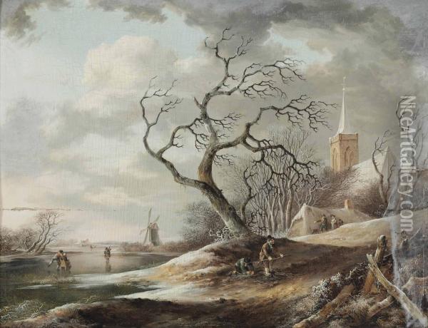 A Winter Landscape With Villagers Oil Painting - Gerrit Hendrik Gbell