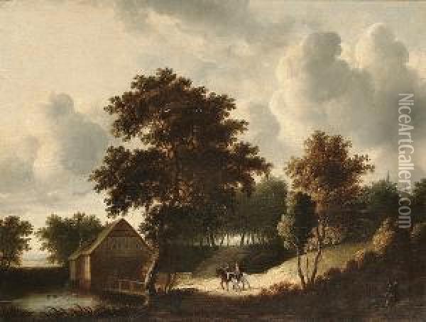 A Wooded River Landscape With Travellers On A Path Near A Watermill Oil Painting - Roelof van Vries