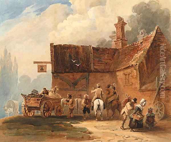 Figures and a waggon outside the Bell Inn Oil Painting - Luke Clennell