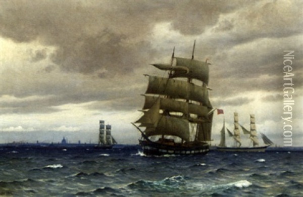 A Norwegian Windjammer And Other Commercial Sailing Vessels Off Copenhagen Oil Painting - Christian Blache