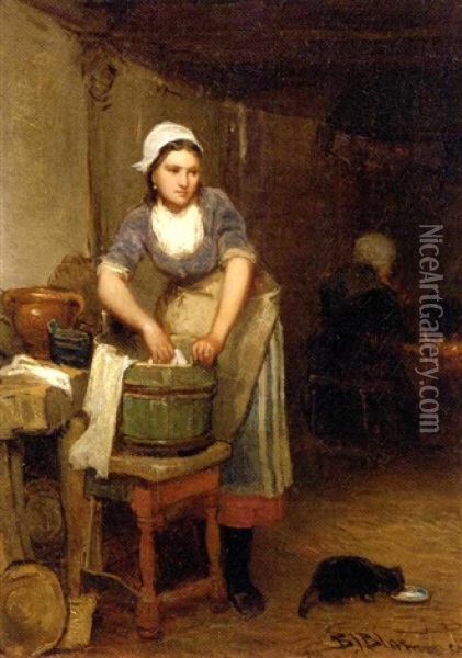 Lessiveuse: Washing Day Oil Painting - Bernardus Johannes Blommers