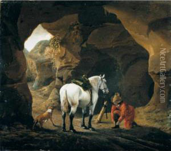 A Man Doing Up The Lace Of His Shoe, With A Grey Horse And Dog At The Entrance To A Cave Oil Painting - Pieter Cornelisz. Verbeeck