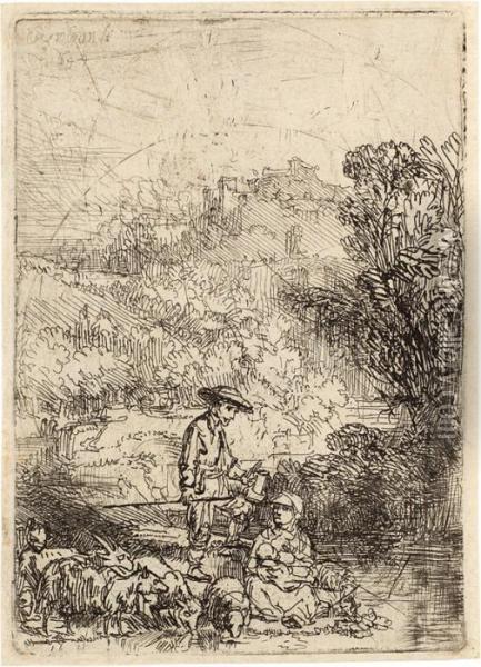Die Landschaft Mit Der Hirtenfamilie Oil Painting - Rembrandt Van Rijn
