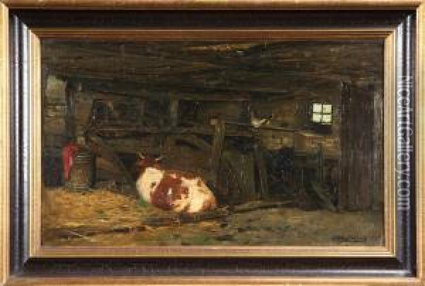 Ladugardsinterior Med Ko Och Hons, Signerad Och Daterad Kallenberg 1877 Oil Painting - Anders Kallenberg