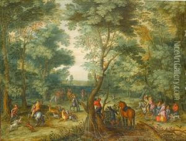 A Wooded Landscape With An 
Elegant Partyonlookers Watching As Huntsman Move In With Their Hounds 
For Thekill Of A Stag And Hart Oil Painting - Karel Beschey