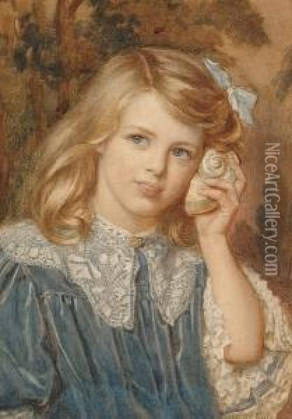 Portrait Of Girl, Thought To Be 
Irene Baldwin-burbidge, In A Blue Dress Holding A Shell To Her Hear; 
Portrait Of Boy, Thought To Be Frederick Baldwin-burbidge, Holding A Cat Oil Painting - John Bernard Munns