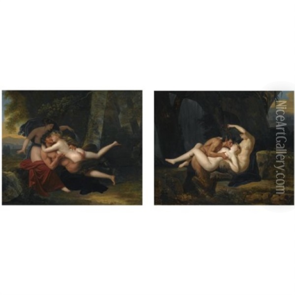 Landscapes With Nymphs And Satyrs Cavorting (pair) Oil Painting - Nicolas-Andre Monsiau