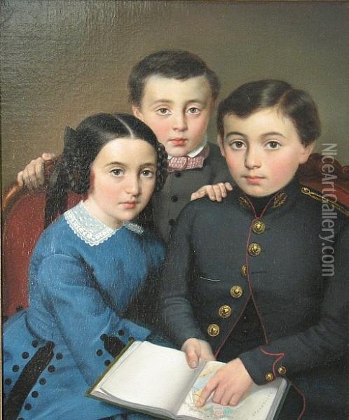 A Group Portrait Of Three Children, Half-length, The Girl Wearing A Blue Dress, The Standing Boy Wearing A Gray Jacket And The Seated Boy Pointing To Egypt On A Map Oil Painting - Albert Bettannier