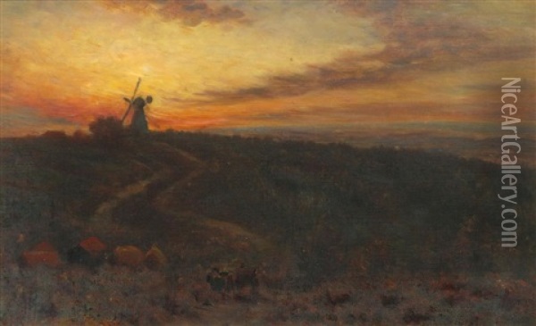 Sunset On The Surrey Hills Oil Painting - Thomas Charles Farrer
