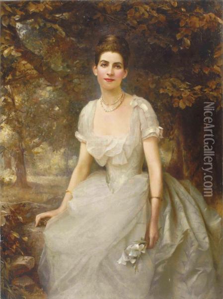 Portrait Of Vere Monckton-arundell, Seated Three-quarter-length, Ina White Evening Dress Holding Lilies In A Landscape Oil Painting - Edward Hughes