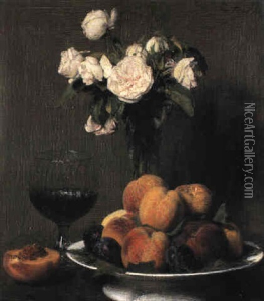 Nature Morte Aux Roses, Fruits Et Verre De Vin Oil Painting - Henri Fantin-Latour