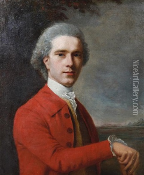 Portrait Of A Gentleman In A Red Overcoat, Standing Before An Open Landscape Oil Painting - Nathaniel Hone the Elder