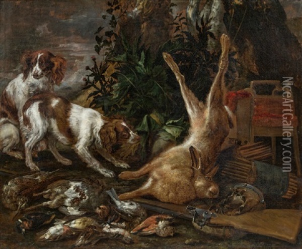 Die Jagdbeute - Stillleben Mit Zwei Jagdhunden, Vogeln Und Einem Hasen Oil Painting - Jan van den Hecke the Elder