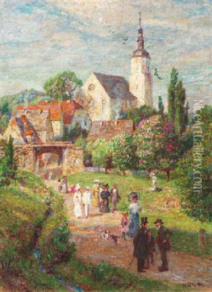 Der Spaziergang. Sonntagsgesellschaft Auf Den Sommerlichen Feldern Vor Einem Sachsischen Dorf Oil Painting - Wilhelm Georg Ritter