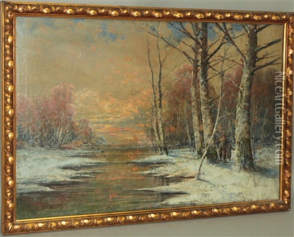 Winterliche Aulandschaft Mit Figurlicher Staffage Oil Painting - Georg Fischhof
