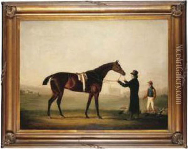 A Bay Racehorse Held By A Trainer Oil Painting - Daniel Clowes