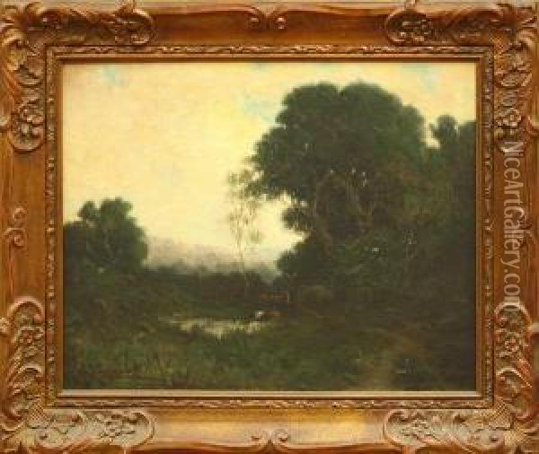 Shepherd Watering Cattle At A Pond Oil Painting - Alexis Matthew Podchernikoff
