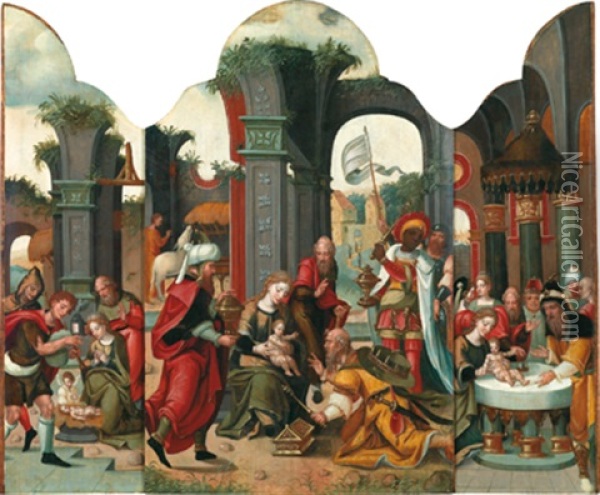 Die Anbetung Der Hirten (+ Die Anbetung Der Konige, Die Darstellung Im Tempel; Triptych) Oil Painting - Pieter Coecke van Aelst the Elder