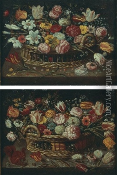 Nature Morte Aux Panier De Fleurs Sur Un Entablement (+ Another; Pair) Oil Painting - Ambrosius Brueghel