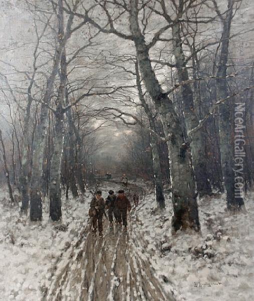 Homeward Bound On A Snowy Woodland Track Oil Painting - Johann Jungblutt