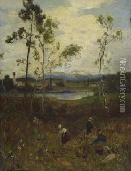 Landscape With Flower Pickers. Oil Painting - Adolf Stabli