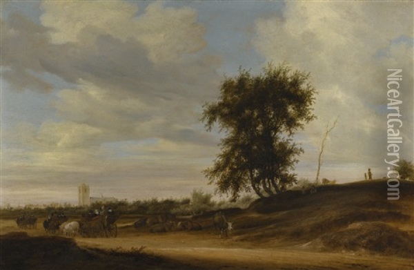 Landscape With Wagons On A Sandy Road With Other Travellers And Cows, A Church Beyond Oil Painting - Salomon van Ruysdael