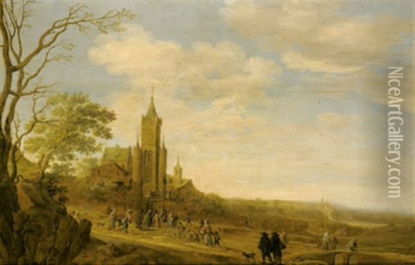 Weite Landschaft Mit Bauern Auf Dem Gang Zur Kirche Oil Painting - Joost Cornelisz. Droochsloot
