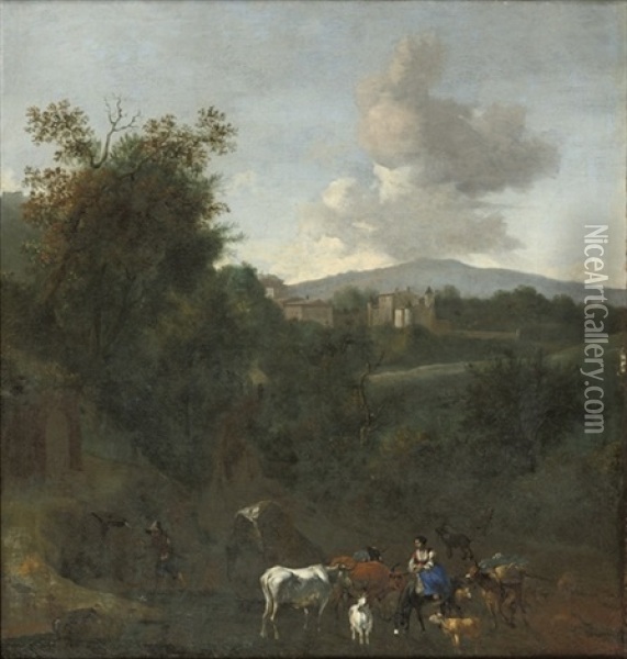 An Italianate Landscape With Shepherds And Their Flock Oil Painting - Abraham Jansz. Begeyn