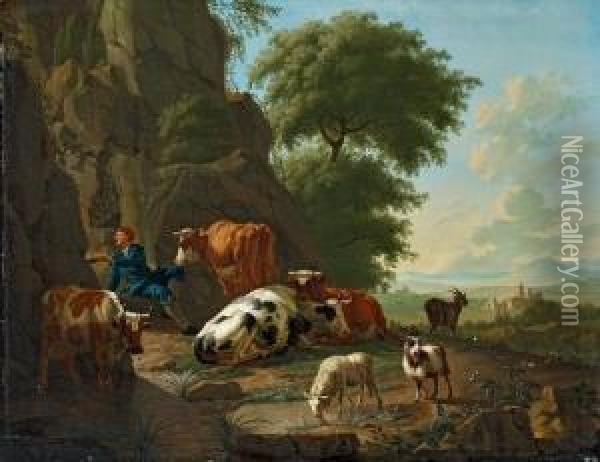 Landschaft Mit Hirt Und Kuhherde Oil Painting - Jan van Gool