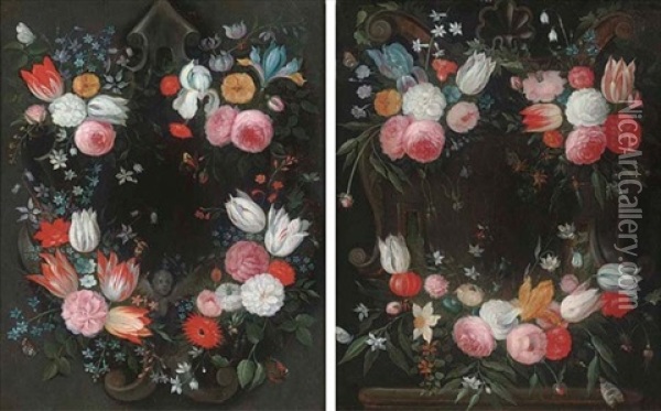 A Garland Of Parrot Tulips, Narcissi, Iris, Roses And Other Flowers Surrounding A Sculpted Stone Cartouche (+ Another, Similar; Pair) Oil Painting - Jan van Kessel