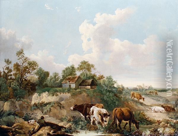 Cattle And Herdsman At Rest Oil Painting - James Leakey