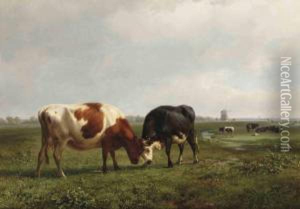 Two Cows Locking Horns Oil Painting - Jan Bedijs Tom