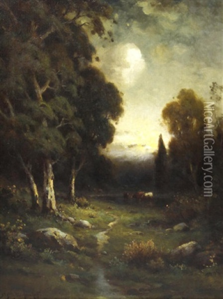 Cows Watering At Dusk Oil Painting - Alexis Matthew Podchernikoff