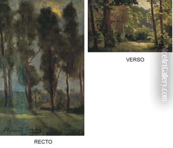 Paysage De Village Et Rangee D'arbres (+ Paysage Dans Un Sous Bois Avec Chaumiere, Verso) Oil Painting - Henri Biva