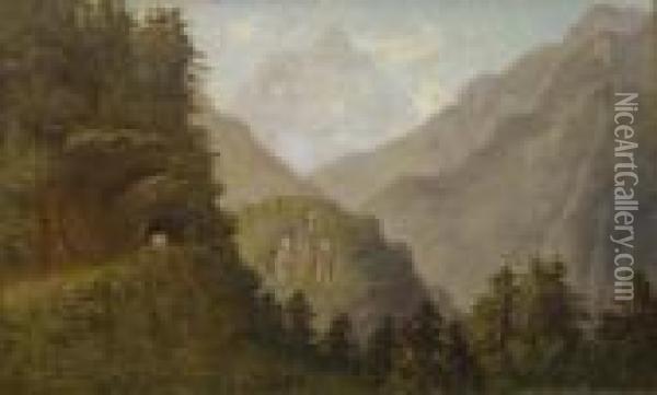 American Oil On Board Alpine Landscape Signed 32 X 51in Oil Painting - William Baptiste Baird