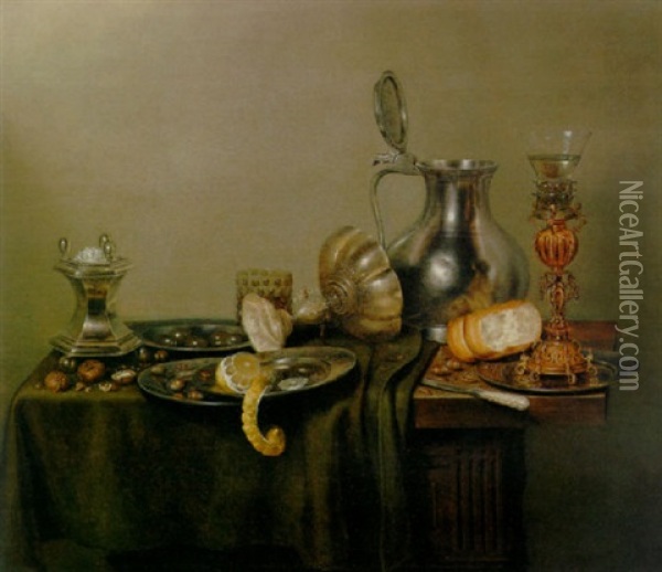 A Silver Salt-cellar And Uptruned Tazza, A Pewter Flagon, A Roemer On A Silver-gilt Stand, A Peeled Lemon On A Pewter Plate Oil Painting - Guilliam Gabron