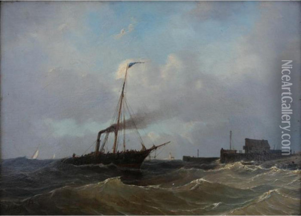 A Steam Vessel In Coastal Waters Oil Painting - Petrus Paulus Schiedges