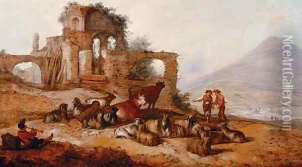 Peasants with livestock by classical ruins in an extensive landscape, with a youth playing a pipe in the foreground Oil Painting - Jacobus Sibrandi Mancadan