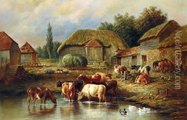 Farmyard Scene With Cattle Watering Oil Painting - Henry Charles Bryant