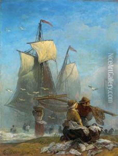 Fischer Am Strand Oil Painting - Andreas Achenbach