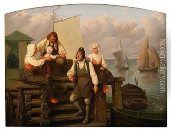 Fiskarfamilj Pa Kajen Oil Painting - Gustaf Henrik Brusewitz