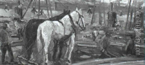 Dock Scene With Work Horses And Laborers Oil Painting - George Hendrik Breitner